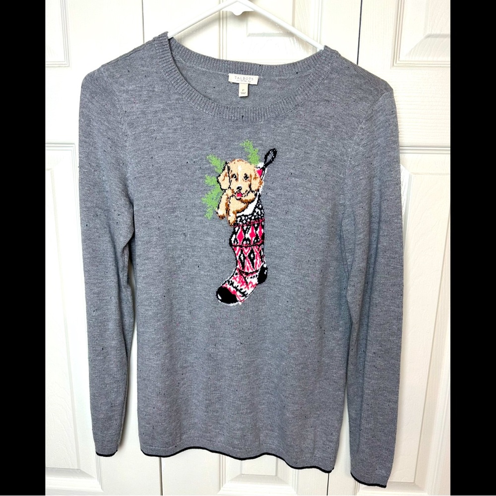 TALBOTS Christmas Sweater Puppy Dog Stocking Tree Golden Retriever Gray speckled